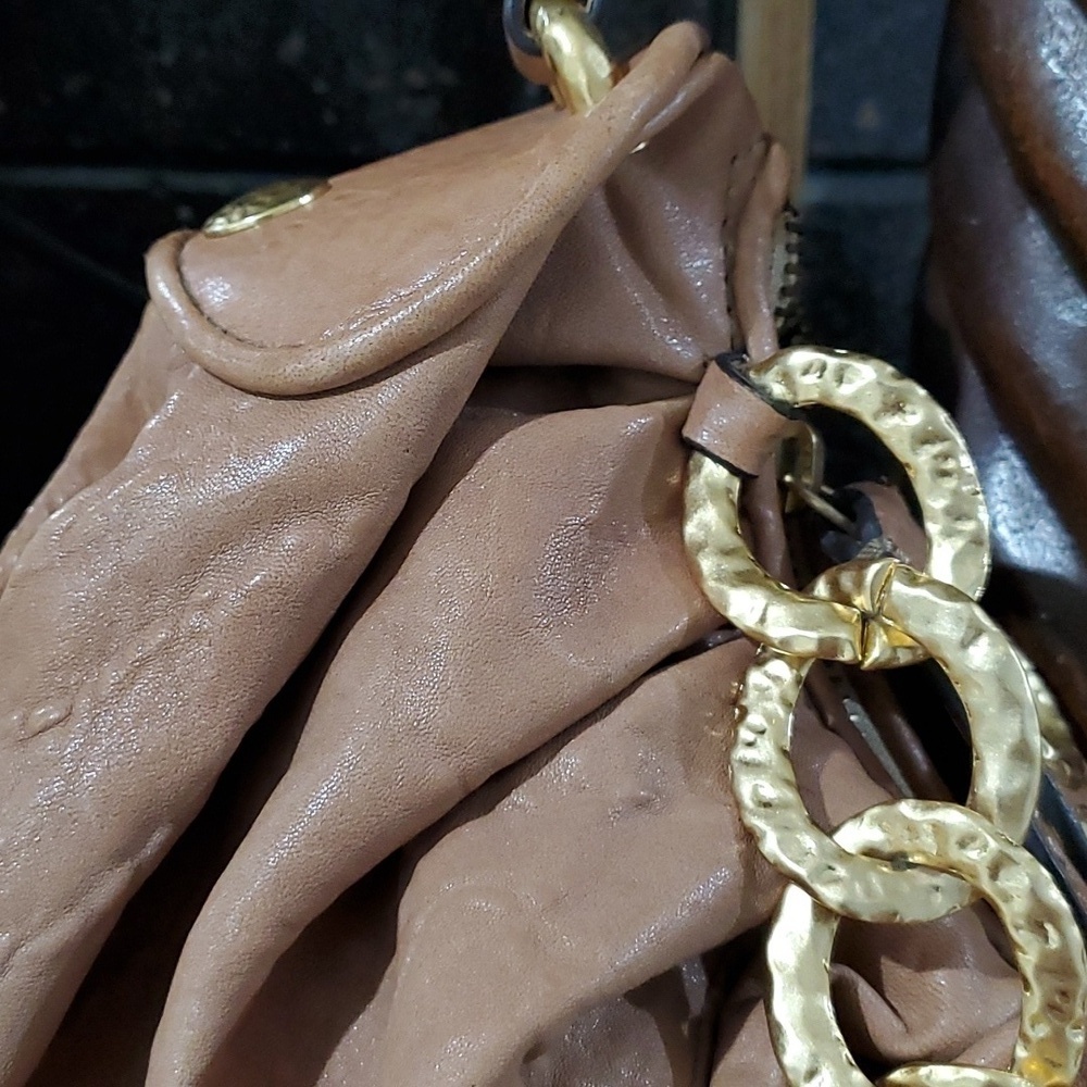 JUICY COUTURE BROWN BAG GOLD CHUNKY CHAIN SHOULDER HOBO PEBBLE LEATHER BOHO CHIC - Picture 2 of 13